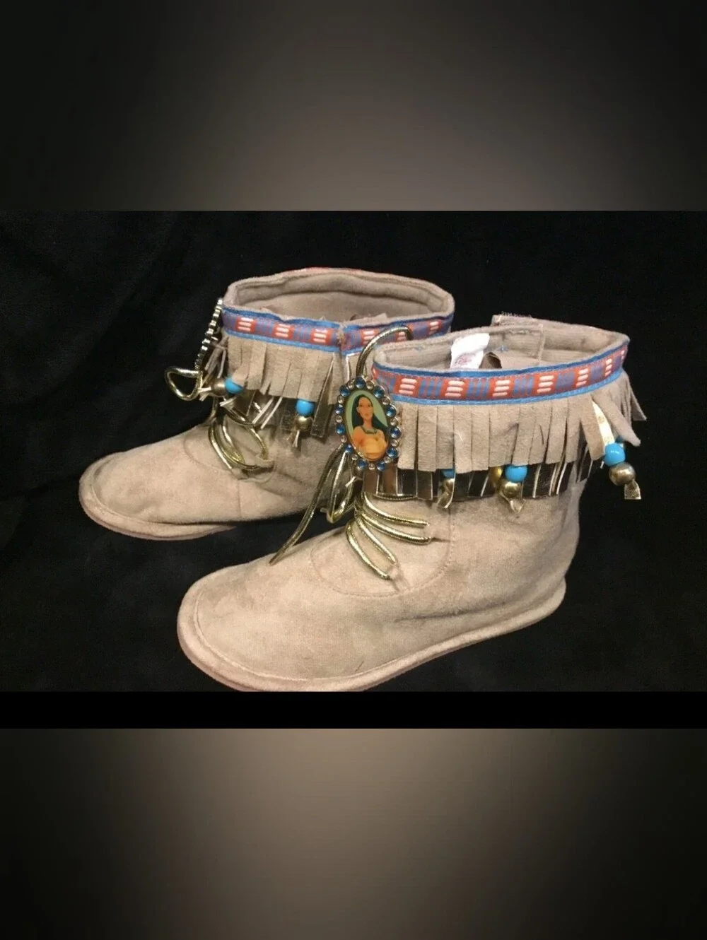Fringed Suede Boho Ankle Boots with Turquoise Beads Size 9 Disney